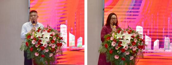 廈門市安全技術(shù)防范協(xié)會秘書長劉斐（左）、廈門市物聯(lián)網(wǎng)行業(yè)協(xié)會執(zhí)行秘書長雷婕（右）在會上致辭