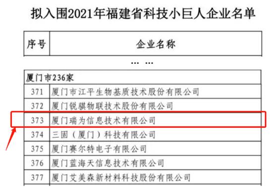 贊！瑞為技術(shù)入圍2021福建省科技小巨人企業(yè)名單