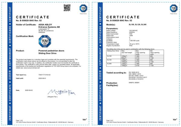 SL300自動(dòng)平滑門(mén)通過(guò)率TüV認(rèn)證的產(chǎn)品標(biāo)準(zhǔn)檢測(cè)