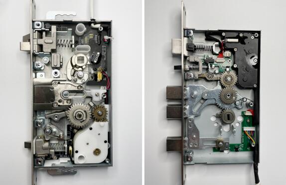 左側(cè)為其他全自動鎖體，右側(cè)為亞太天能全自動鎖體